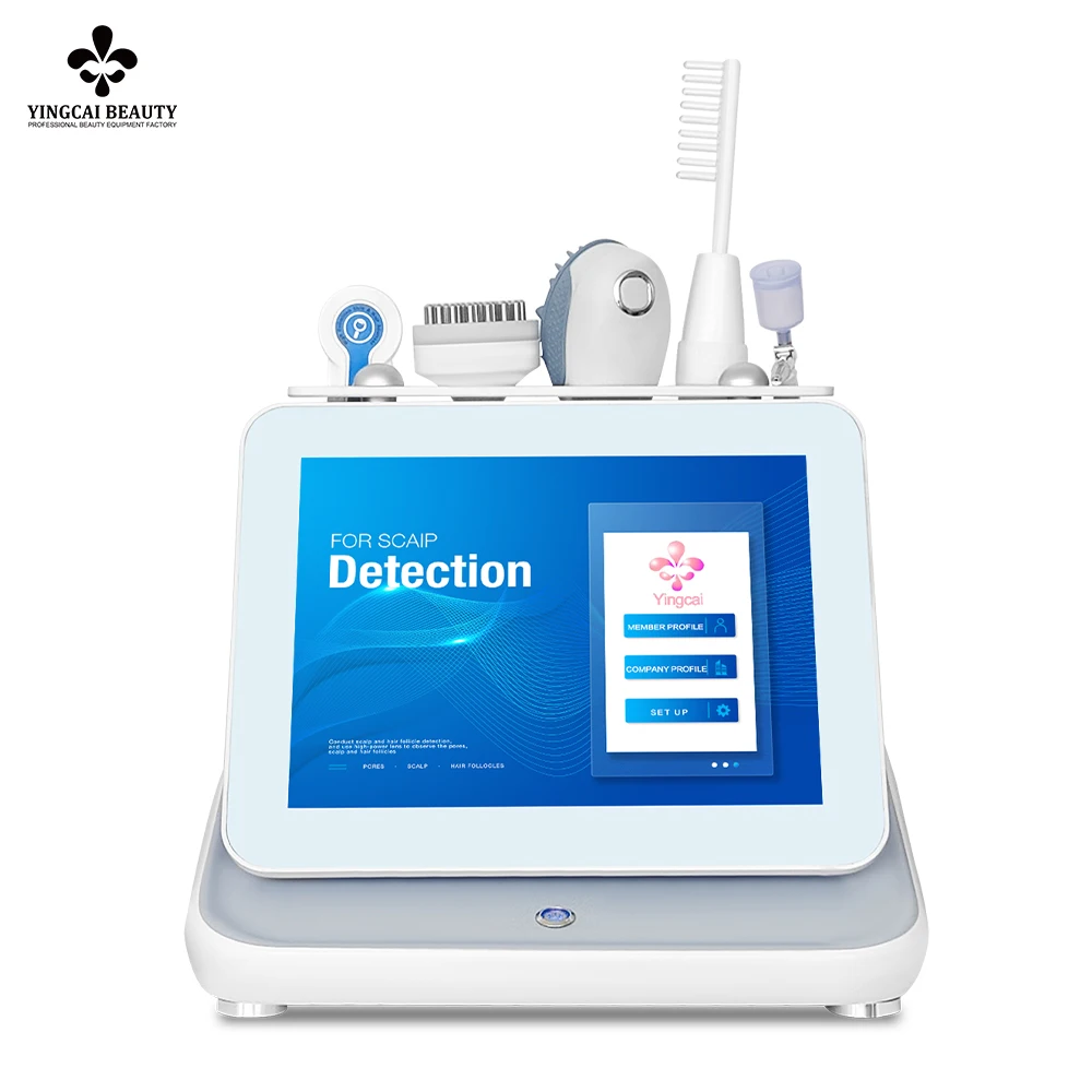 أحدث محلل للشعر لعام 2025، ماسح ضوئي لفروة الرأس، مدلك الرأس، معدات سبا، آلة كاميرا تحليل الشعر الذكية 5 في 1