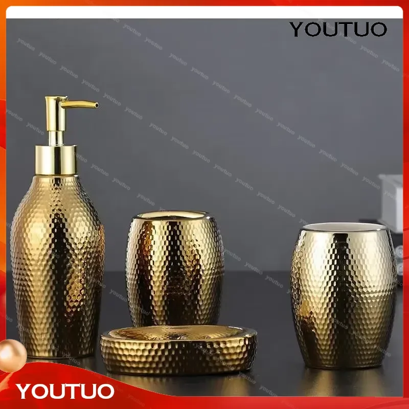 Nordic Style Gold Ceramic 4 Piece Bathroom Set Soap Dispenser Mouthwash Cup Dish Home Accessories