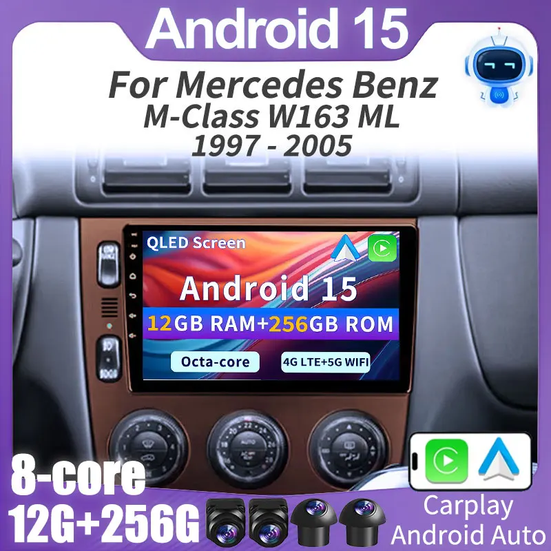 For Mercedes Benz M-Class W163 ML 1997 - 2005 Android 15 Car Radio GPS Multimedia Navi Wireless Carplay DSP BT Player 360 Camera