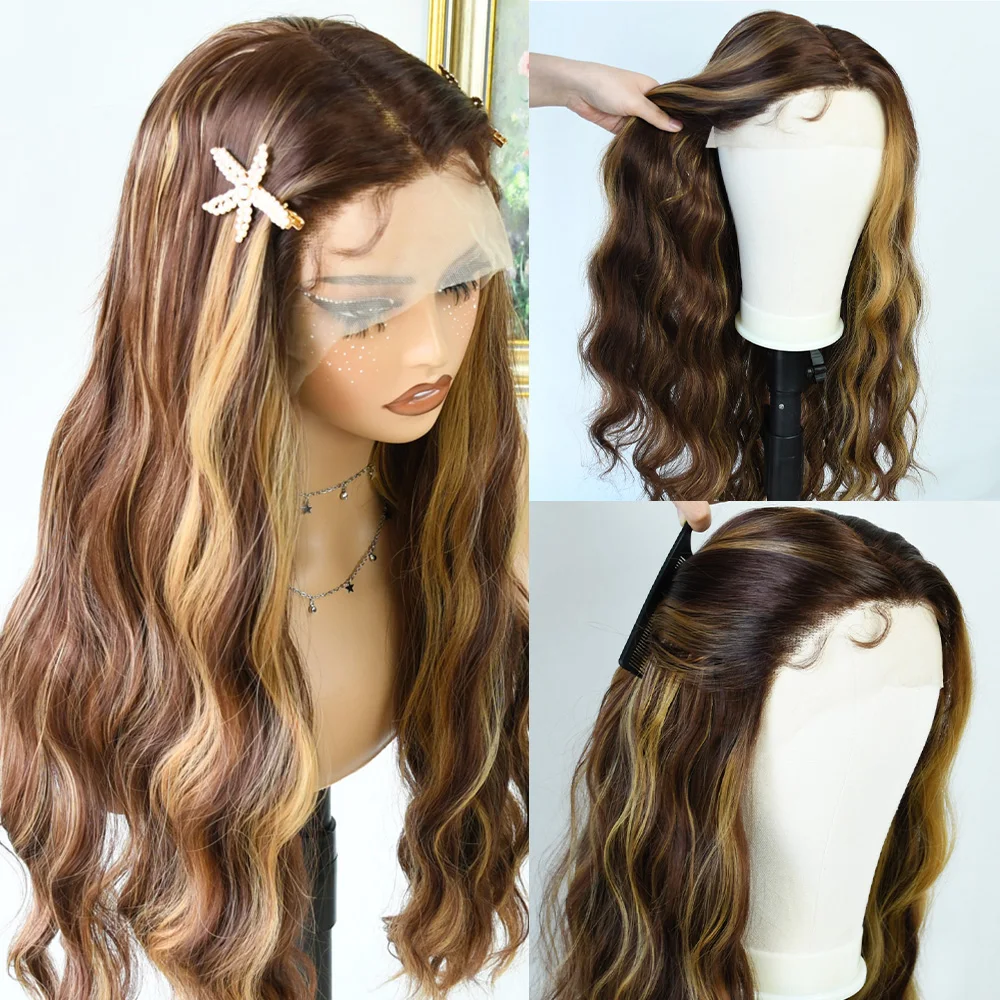 Destaque peruca longa onda do corpo perucas frontais do laço sintético 13x4 hd marrom loira sem cola de alta qualidade pré arrancado cosplay perruque