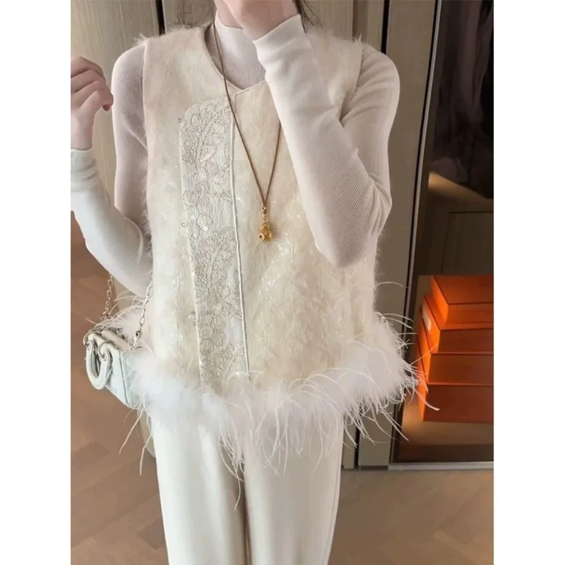 

New Ostrich Chinese Jacket Women's 2025 Jacquard Top Spliced Temperament Vest