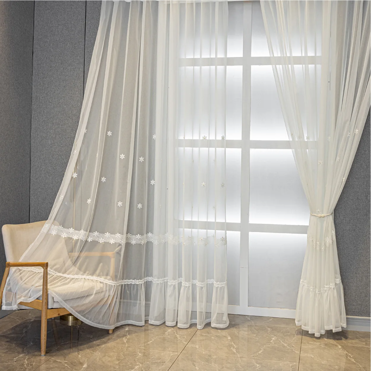 Romantic Simple Beaded Embroidered Sheer Curtain for Living Room Bedroom Dining Study Ready Made