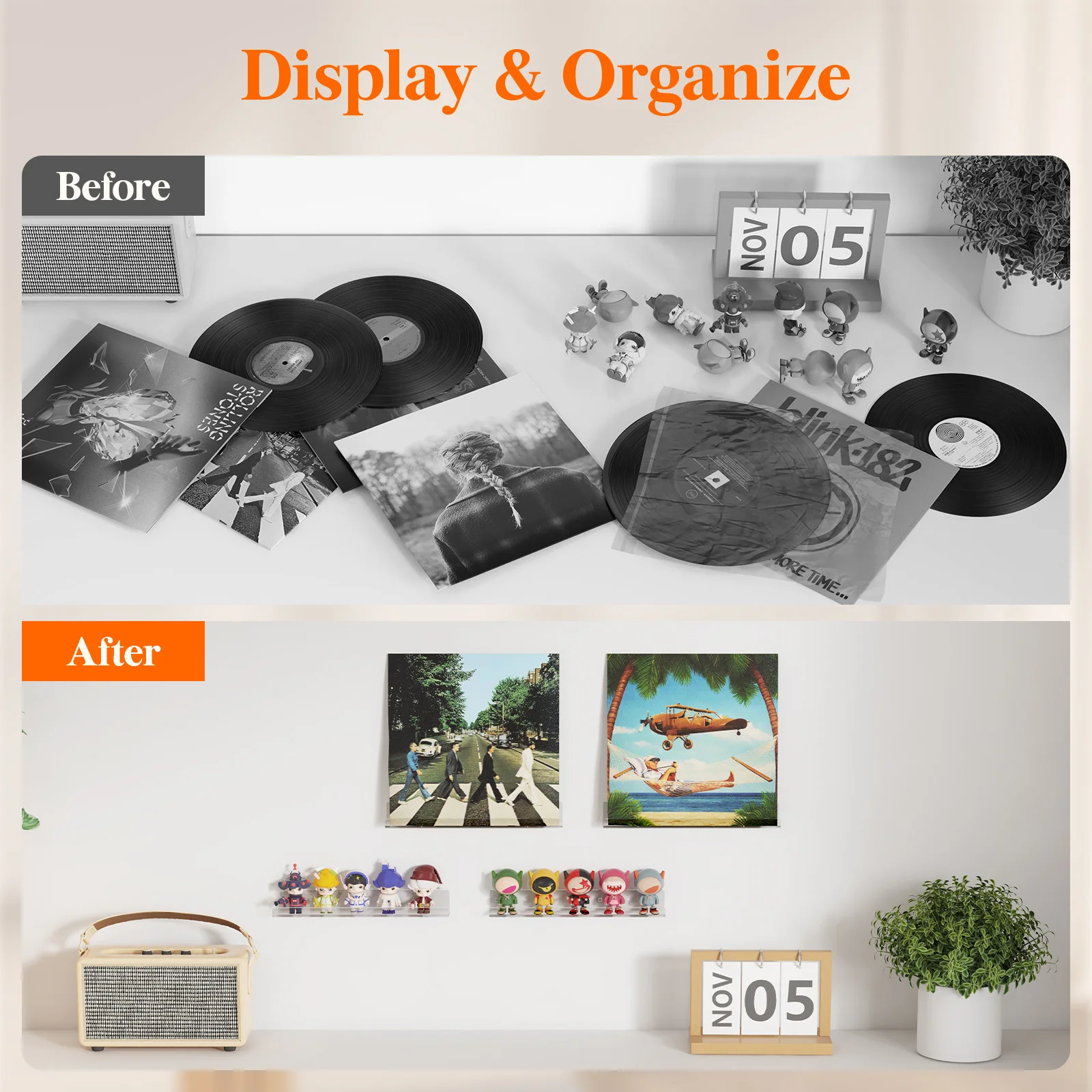 أرفف عائمة ضيقة لتسجيل الفينيل، أرفف حائط شفافة لطلاء الأظافر/الصورة/المكياج، منظم رف عرض أكريليك