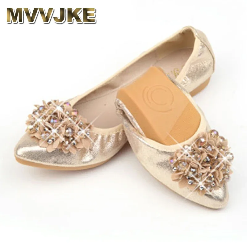 MVVJKE New Spring Women Folding Flats  Handmade Flower Rhinestone Pointed Toe Solid Soft Ballet Flats Shoes E099