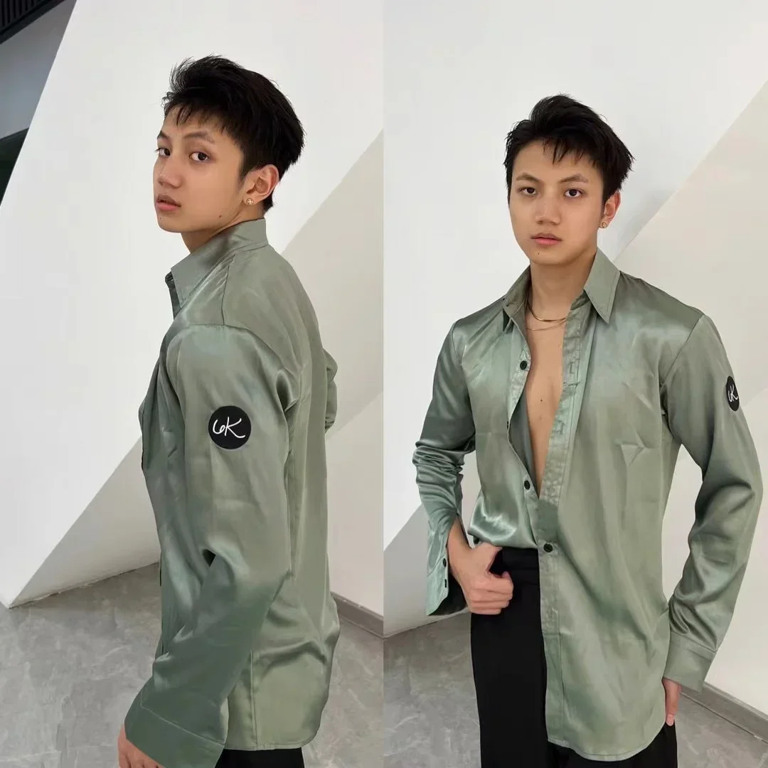 メンズ長袖光沢のあるサテンシャツラテンダンス競技服大人チャチャルンバラテンダンスパフォーマンス服 DQS11636