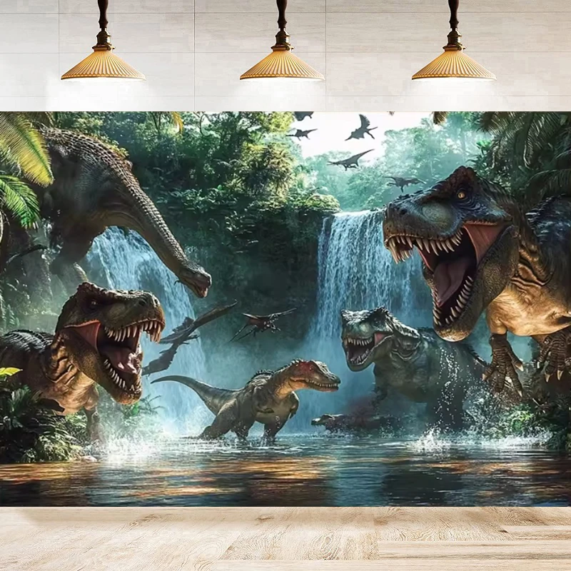 Photography Backdrop Dinosaur Photo Background And Party Dinosaur Banner Vibrant Waterfall Scene With Dinosaurs Poster
