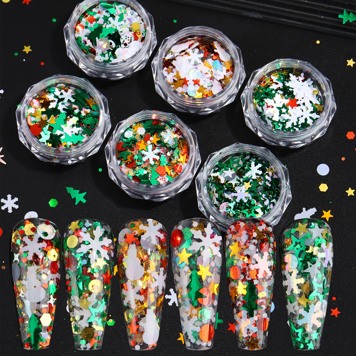 กลิตเตอร์เลื่อมตกแต่งต้นคริสต์มาส ลายเกล็ดหิมะสีขาว ดาว ฮอลลี่ ตุ๊กตาหิมะ ลายจุด สำหรับตกแต่งในเทศกาลวันหยุด