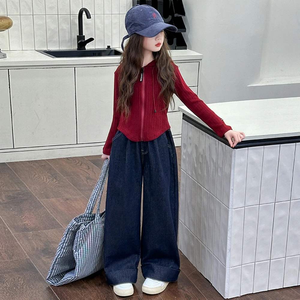 Autumn Winter Teenage Girls Red Double Zipper Sweater Jacket Kids Cardigan Child Clothes Flanged Wide Leg Jeans 6 8 10 12 14Y