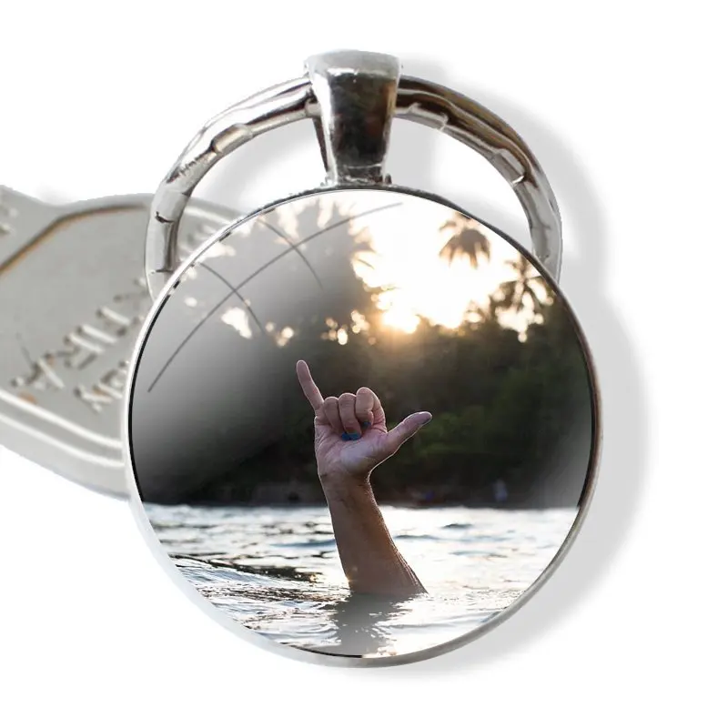 Surfer Surf Hang Loose Shaka Keychain Handmade Glass Cabochon Key Ring Holder Pendant Key Chains