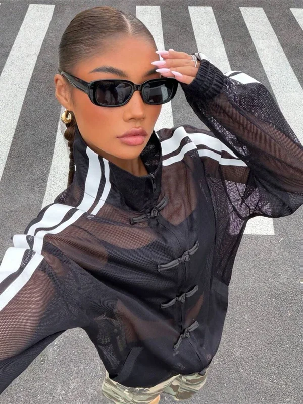 Damen-Mesh-Sweatshirt-Jacke mit Reißverschluss, Stehkragen, Kontraststreifen, Langen Ärmeln, Froschknöpfen, Lockerer Passform, Y2K-Streetwear – Detail 11