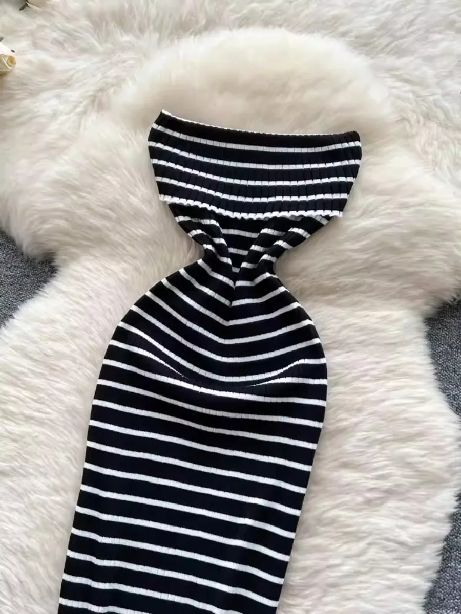 Foamlina lapela bustier listrado vestido feminino verão sexy quente menina emagrecimento fora do ombro sem mangas bodycon vestidos de malha