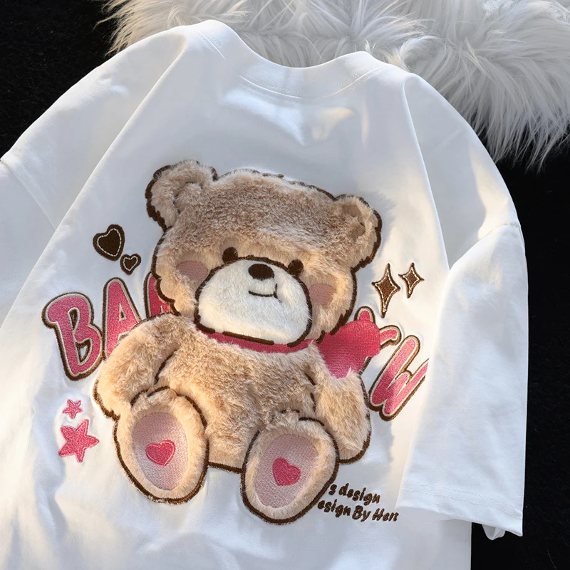 Cotton Cute Plush Bear Embroidered Short Sleeve T-shirt Women\'s Summer Niche Couple Loose Cartoon Top Kawaii Clothes Tees