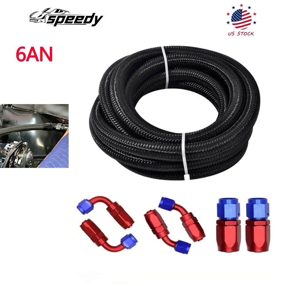 

6AN Universal 10FT Fuel Line Hose Kit Steel Nylon Braided Oil Swivel +6pc Hose End Fitting Black