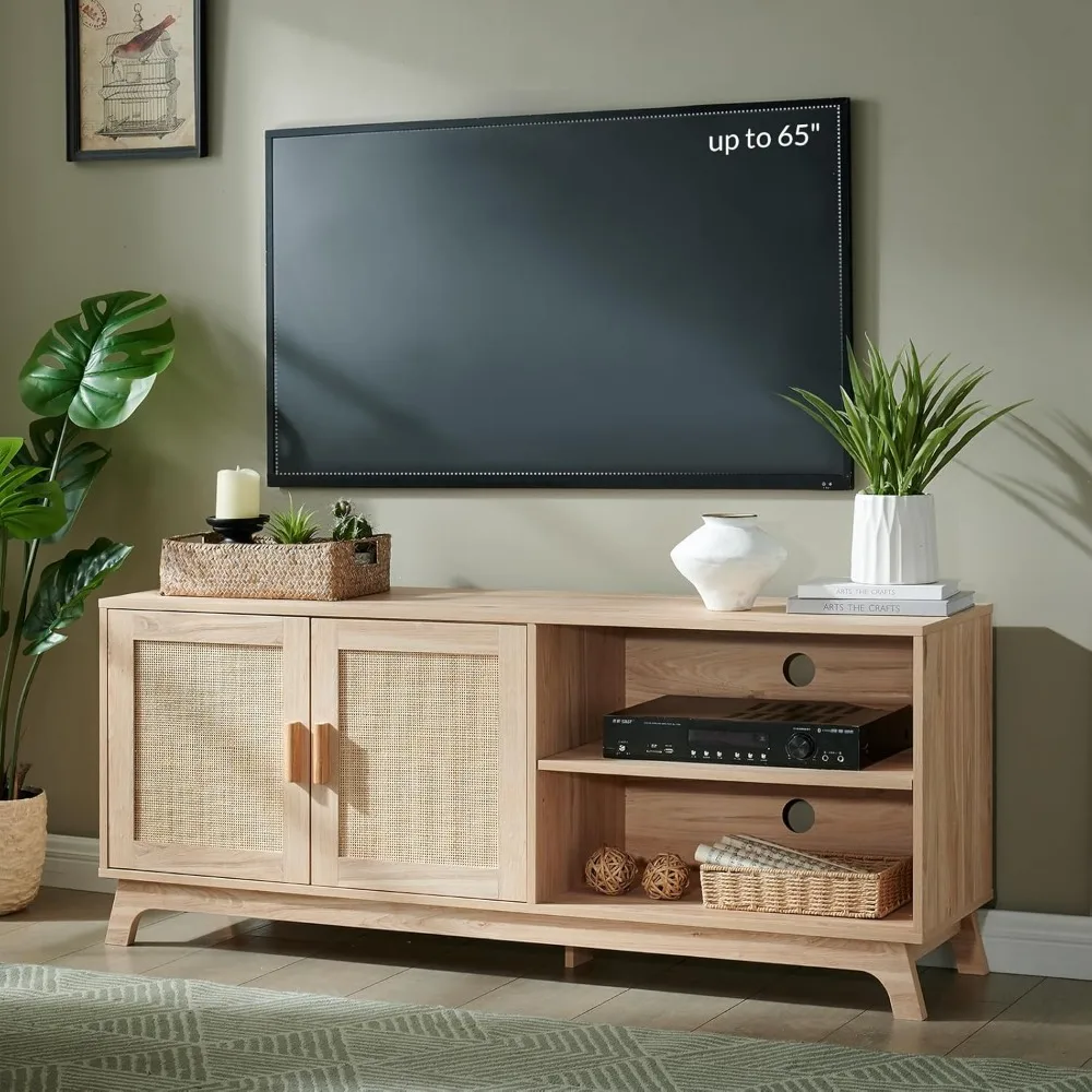 

TV Consoles for Living Room, Mid Century Modern TV Stand for 65 Inch TV, Rattan Entertainment Center, Media Console with Natura