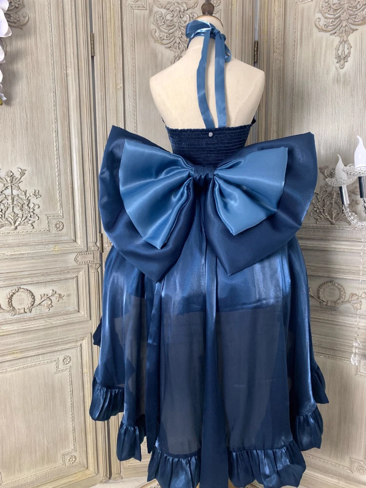 Lolita Princess Blue Pettiskirt Dress Sleeveless High Waist Slim Fit Back Big Bow Long Trailing Strapless Short Dress Women 2024