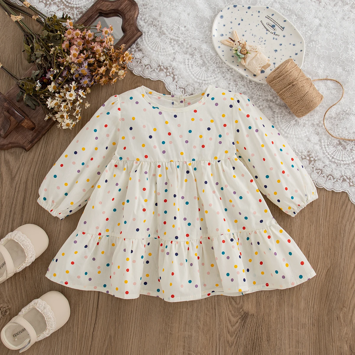 

Spring And Autumn New Colorful Polka Dot Long Sleeve Baby Girl Dress, Cute Rabbit Ear Children'S Clothing For Babies Aged 0-3