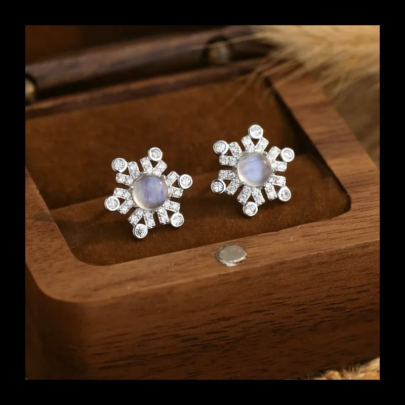 Ins رائجة البيع مجوهرات 925 حقيبة سداسية فضية مع ندفة الثلج Moonstone وأقراط أقراط نسائية عصرية