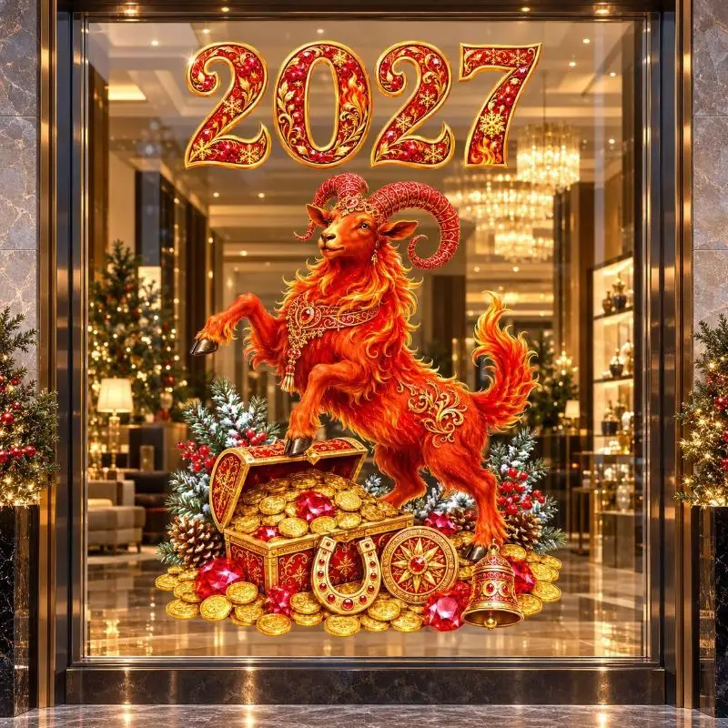 2027 New Year Sheep Zodiac Wall Sticker Detachable Festival Glass Window Decal Art Paper for Living Room Home Decoration