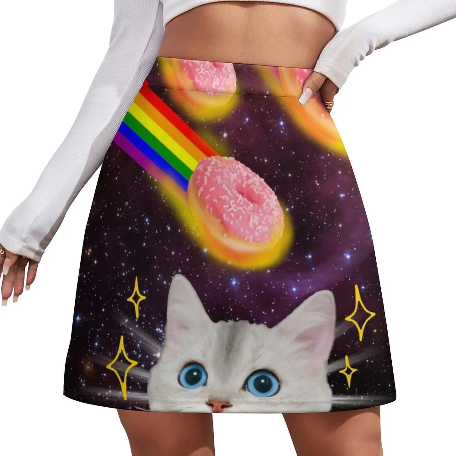 

CAT IN SPACE DOUGHNUT GALAXY STARS FUNNY RAINBOW BEACH PARTY Mini Skirt women clothes Clothing female korean women's clothes