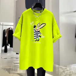 Women Clothing Fashion Hand-Painted Animal Printing T-shirt Summer Pure Cotton O-neck Short Sleeve Basic Top Tee Casual Pullover