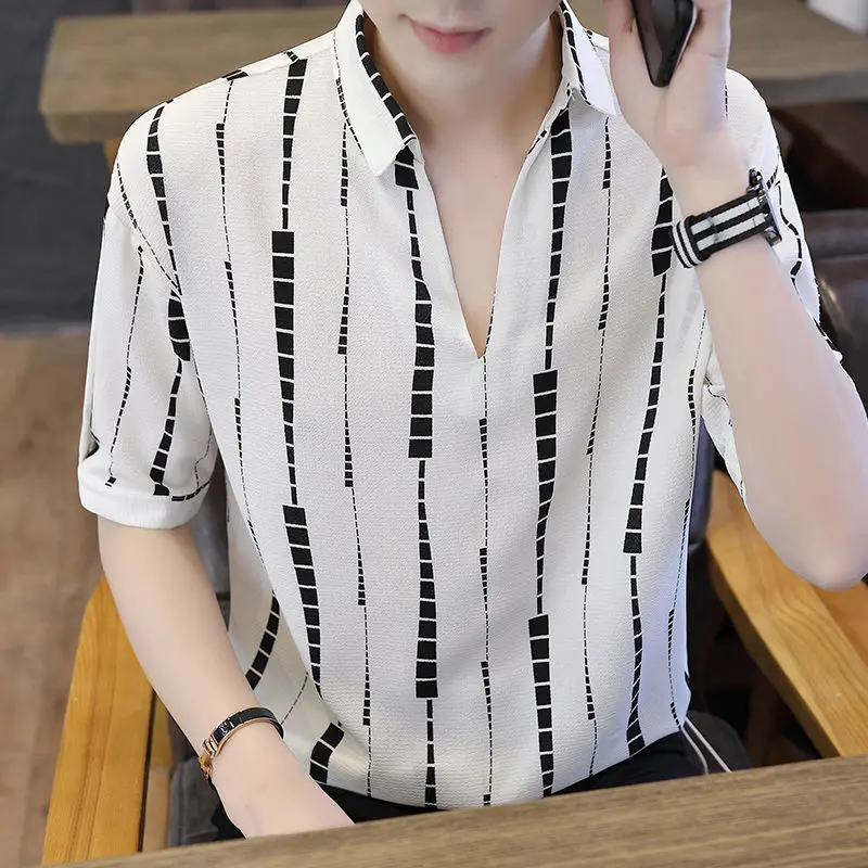 Men's Summer New Striped Polo Neck Loose Smart Casual Blouse Short Sleeve Print Plus Size Shirt Tops Trend Fashion Men Clothing