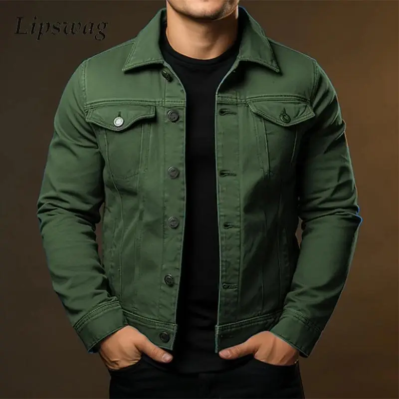 

Streetwear Vintage Cargo Jackets For Mens Autumn Casual Solid Color Turn-down Collar Button Jacket Men Fashion Long Sleeve Coats