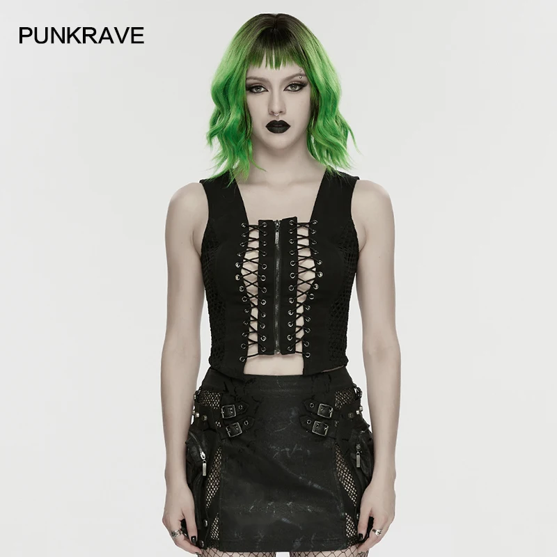 

Женский жилет PUNK RAVE из твила с сетчатыми вставками и вырезами, в стиле панк, с эффектом хэви-метал, сексуальный укороченный топ, женская одежда