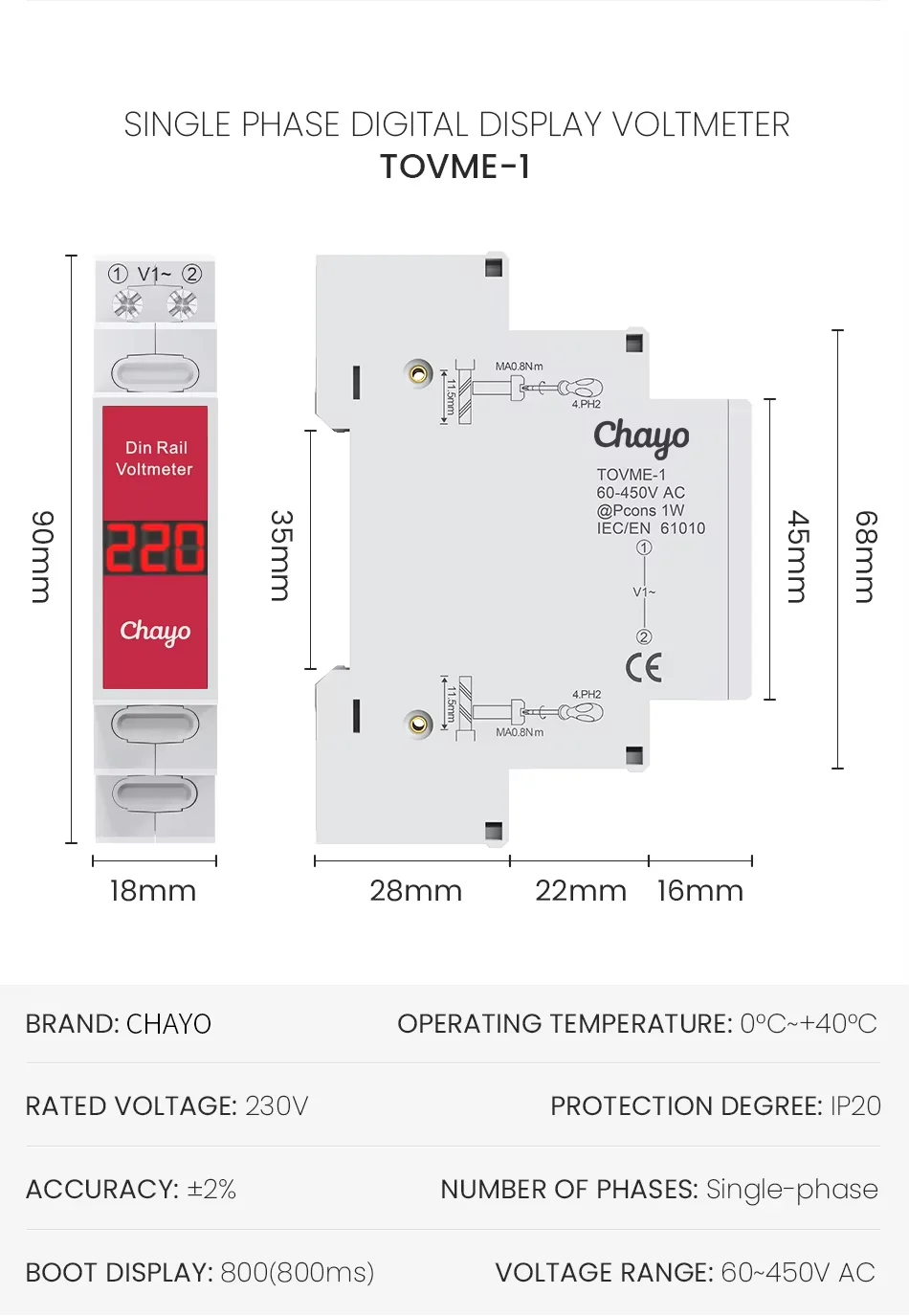 Din Rail Montaje Monofásico Medidor de Voltaje Ac 80-500V Mini Modular Indicador Voltímetro LED Detector de Pantalla Digital