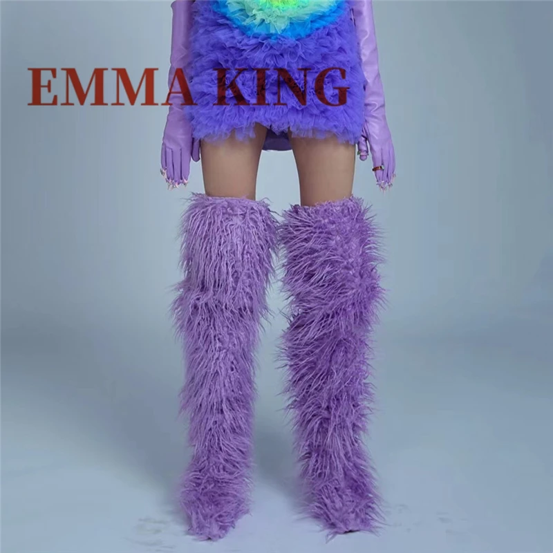 المرأة فو الفراء الفخذ أحذية عالية موضة طويلة أفخم الشتاء الثلوج الأحذية العصرية رقيق الأحذية بلون فوق الركبة الأحذية #5