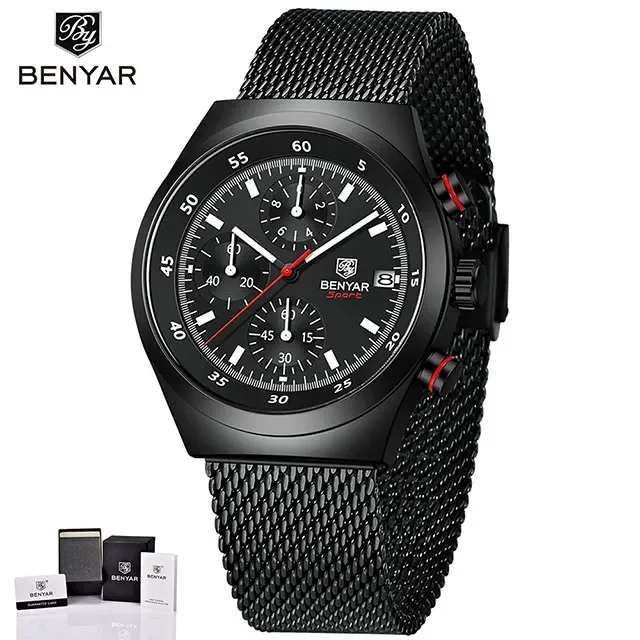 BENYAR 5200 Men's Multi Functional Timing Quartz Watch Calendar Night Light Waterproof Stainless Steel Watches for Man