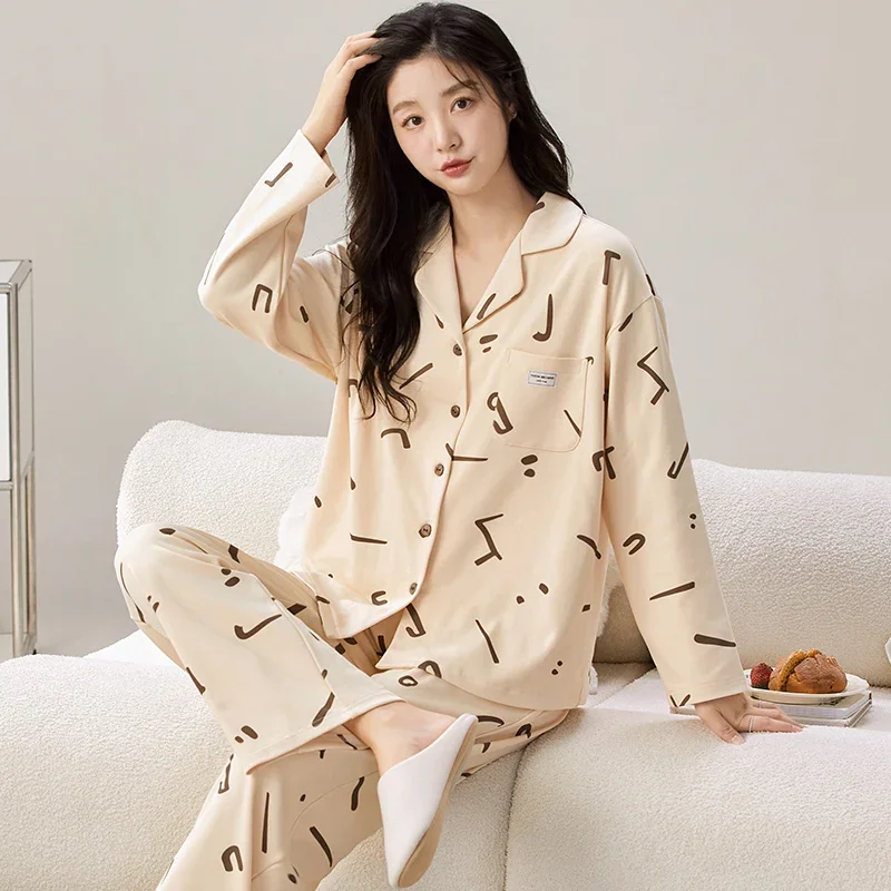 Korean Ins Cotton Cardigan Pajamas Women Spring and Autumn 2024 New Simple Long sleeve Homewear Set M-2XL Nightwear MujerPijamas