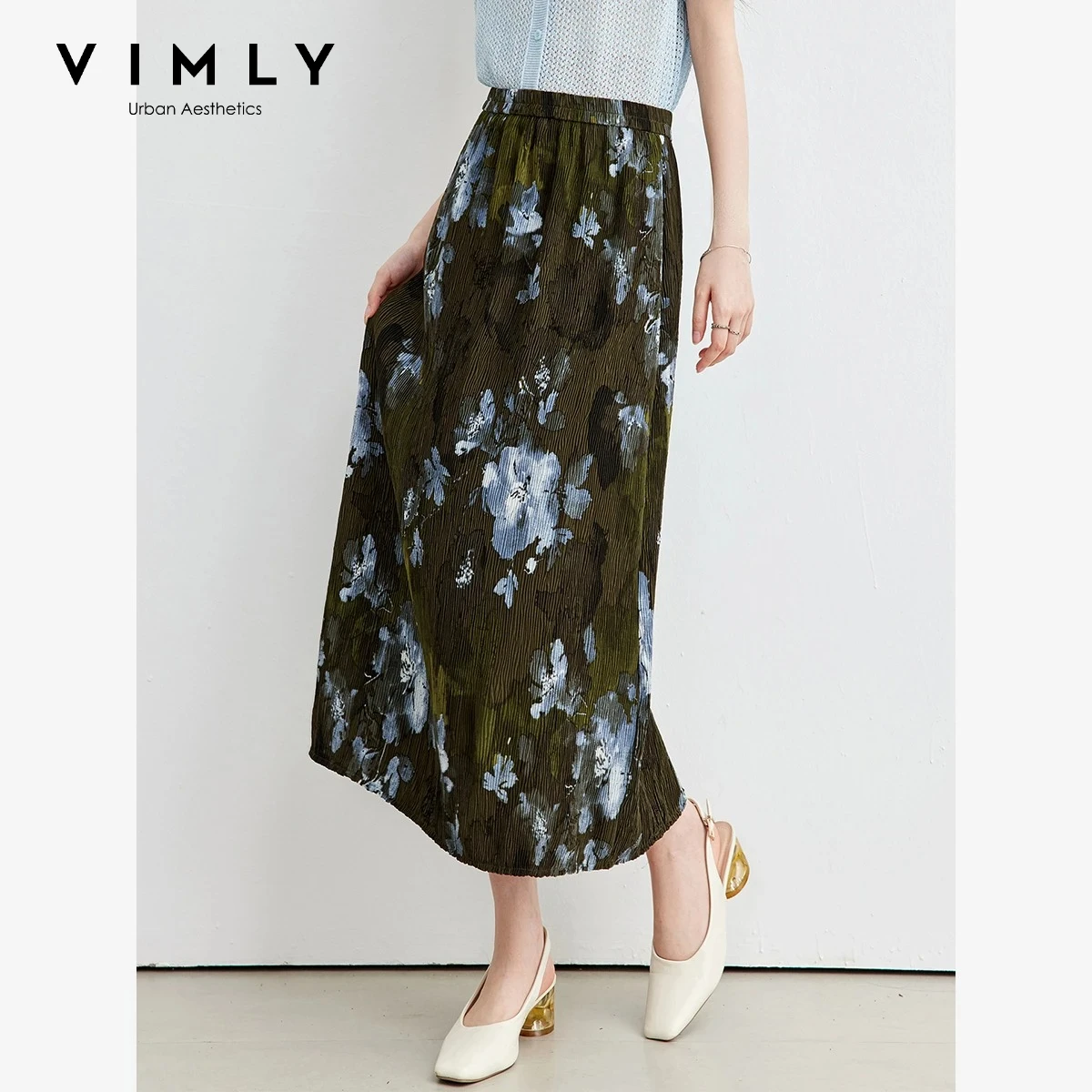 VIMLY Contrast Color Gradient Printed Long Skirt Women 2026 Summer New Intellectual Elegant Vintage Artistic Midi Skirts 31356