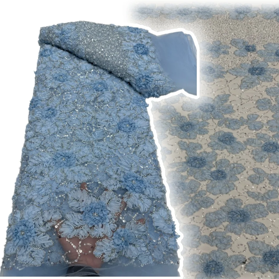 

Latest African 3D Flower Lace Fabric Embroidery French Mesh Lace Fabric With Sequins Beads Nigerian Tulle Lace For Party AH1203