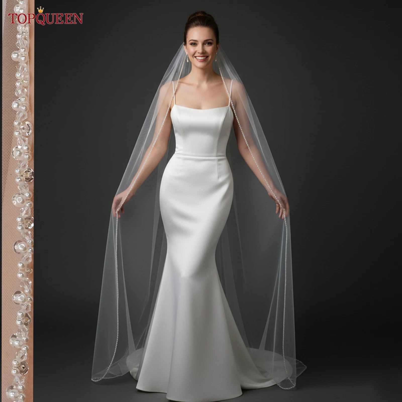 

TOPQUEEN Свадебная однослойная фата ручной работы с бисером длиной до локтя, белая слоновая кость, свадебные аксессуары, мягкая пряжа V134