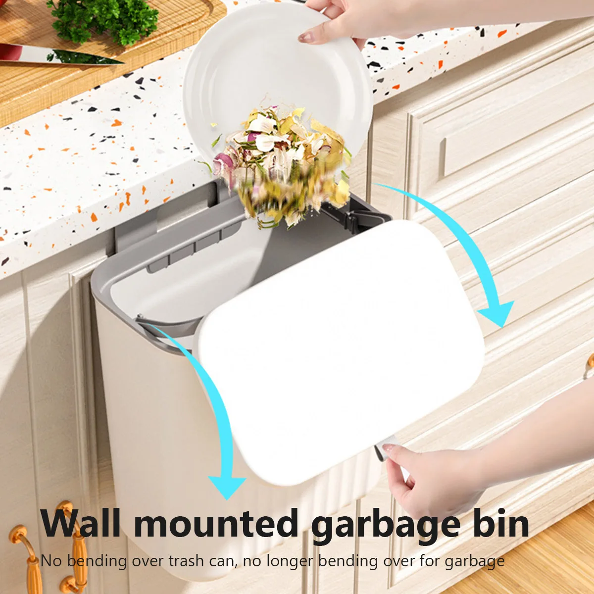 9L Wall Mounted Hanging Trash Bin Kitchen Trash Can Cabinet Door Bathroom Trash Can With Lid Garbage Bin Counter Dustbin