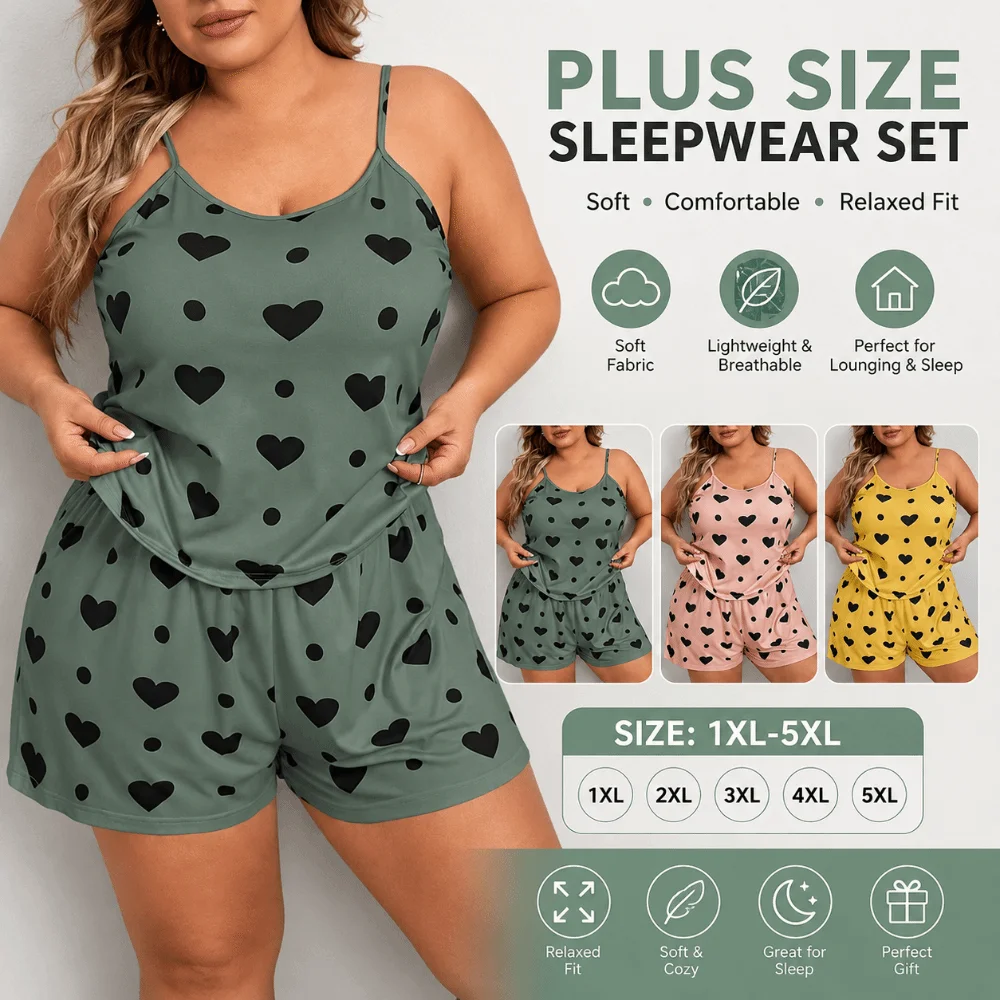 Plus Size Strap Pajama Set Oversized Ultra Soft Printed Cami Pajama Set Heart Breathable 2-Piece Loungewear Set for Women