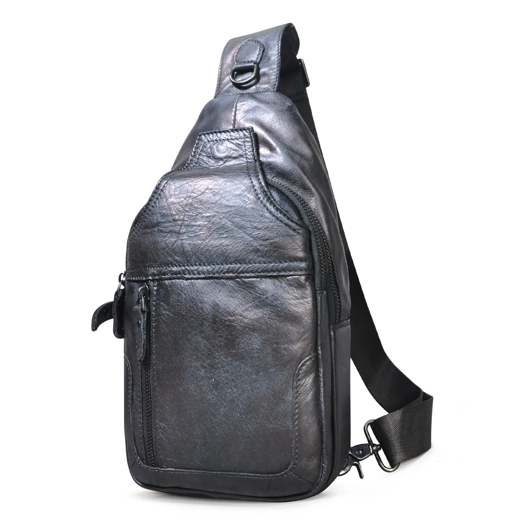 

New Men Natural Leather Casual Fashion Triangle Sling Chest Bag Design Daypack Designer One Shoulder Cross-body Bag Male 6601