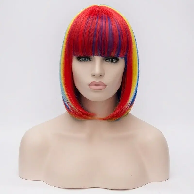 Women Wig Short Multicolor Rainbow Straight Cosplay Party Hair Full Wig Wig Cape