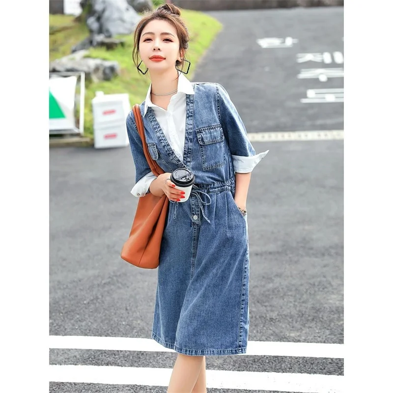 Women High-end Temperament Stitching Denim Dress Fake Two-piece 2023 Summer Female New Fashion age-reducing Medium Long Dress