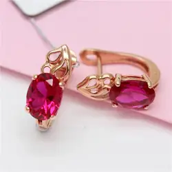 New 585 purple gold plated 14K rose gold inlaid ruby earrings for women classic fashion ear buckle wedding jewelry gift