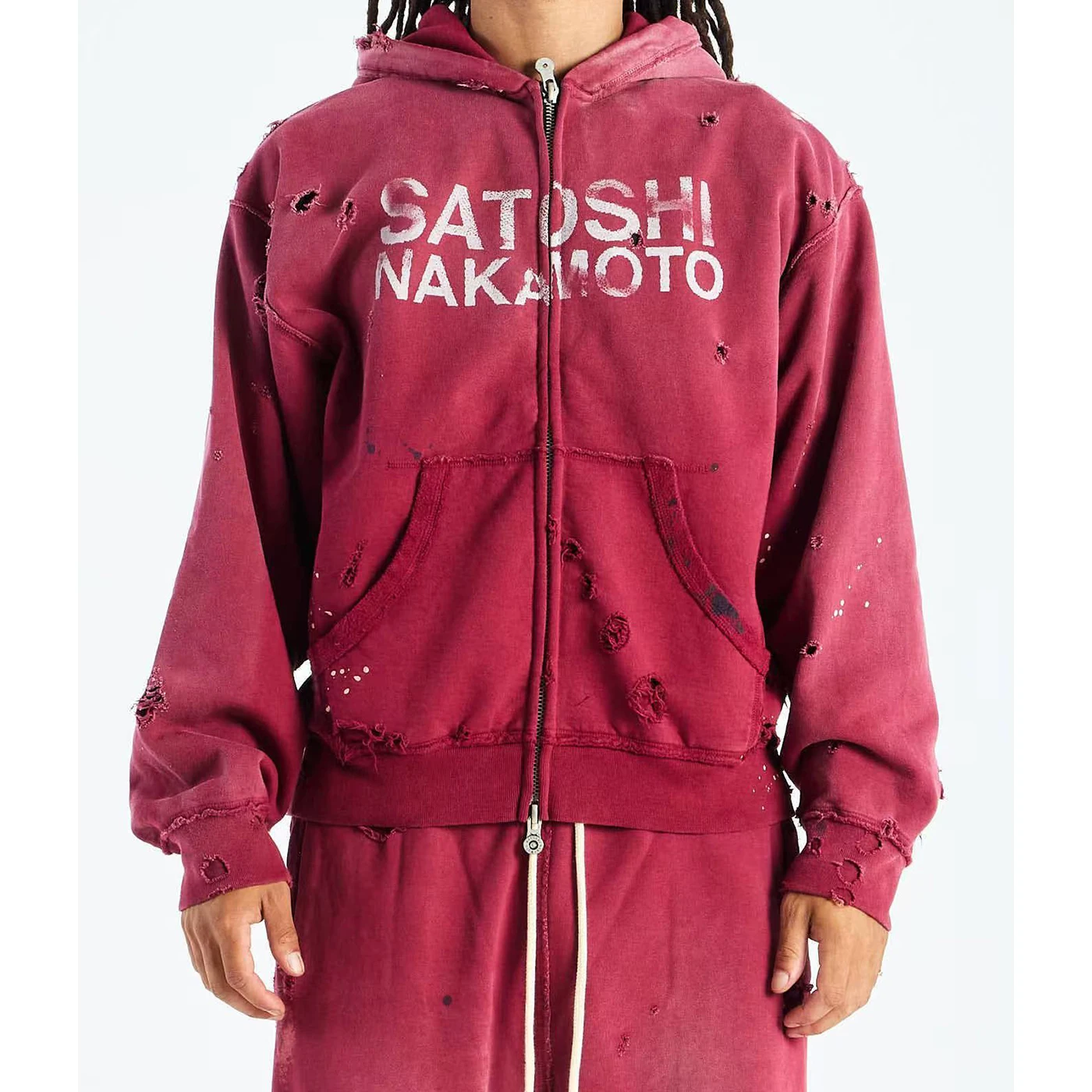 High Street Washed Retro Distressed Ink Splatter Zipper Hooded Hoodie for Men and Women Cardigan Terry Baggy Sweatshirts