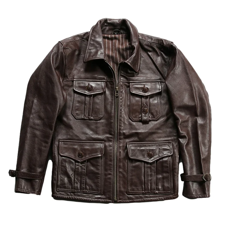 

Safari Style Dark Brown Autumn Leather Jacket Men Plus Size 5XL Four Pockets Natural Cowhide Slim Fit Genuine Coat