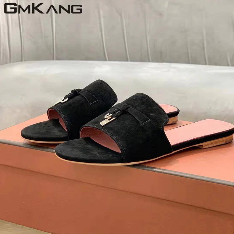 Hot Sale Flat Slippers For Women Metal Lock Comfortable Mules Shoes Kid Suede Peep Toe Slides Summer Comfy Flat Sandals Woman