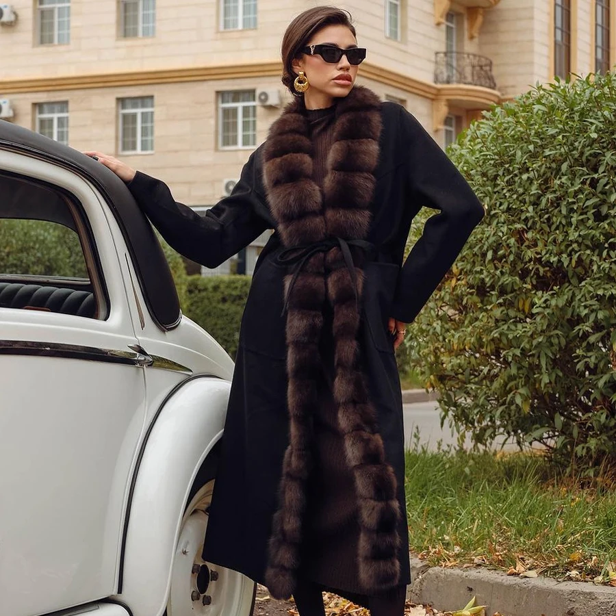 Wool Sheep Fur Coat Women Long Real Fur Coat For Women Elegant 2024 High Quality Warm Cashmere Coats With Fox Fur Collar