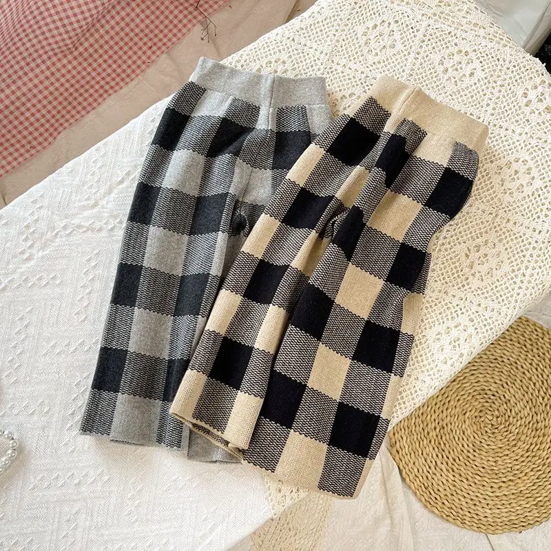 Autumn and Winter Girls Double-layer Jacquard Checkered Woolen Pants Children Knitted Wide Leg Pants Girls Baby Fashion Pants