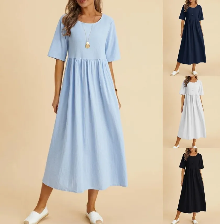 

Women Vintage Cotton Linen Midi Dresses Summer High Waist Elegant Sundress Fashion Short Sleeve Solid Color Casual Dresses