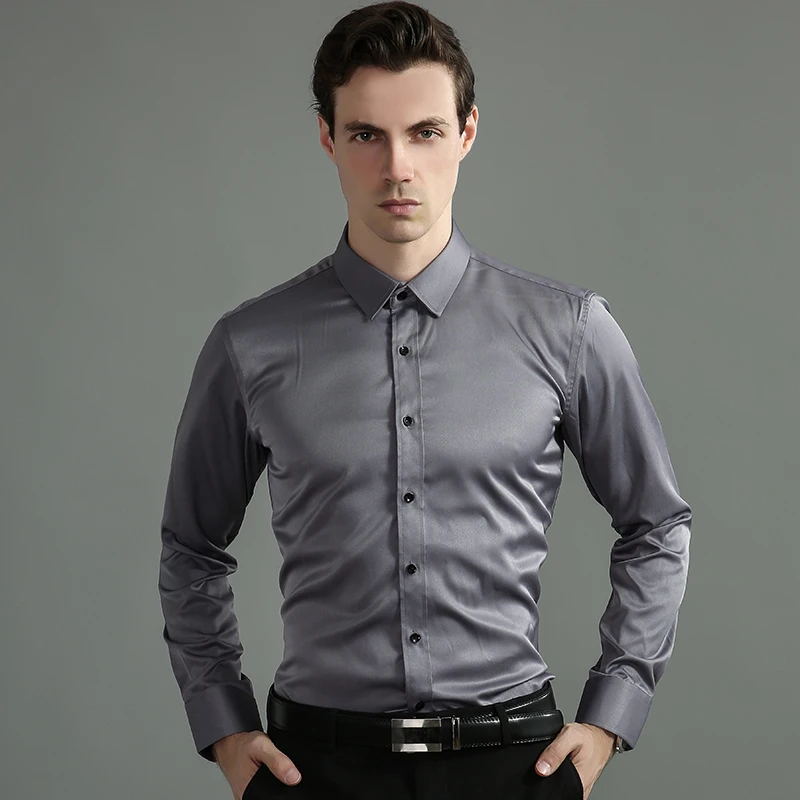 Stretch Shirt Men\'s Long-Sleeved Silk Soft Slim Fit Business Casual Fashion Party Top Black And White Blue Purple Gray Burgundy