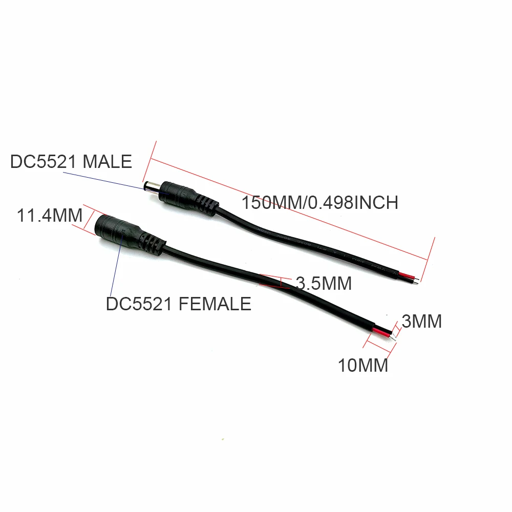 5 sztuk czarnych wtyczek DC 5,5 x 2,1 mm Złącze kabla pigtail 12 V męskie żeńskie 5,5 * 2,1 Adapter DC do taśm LED 5050 3528