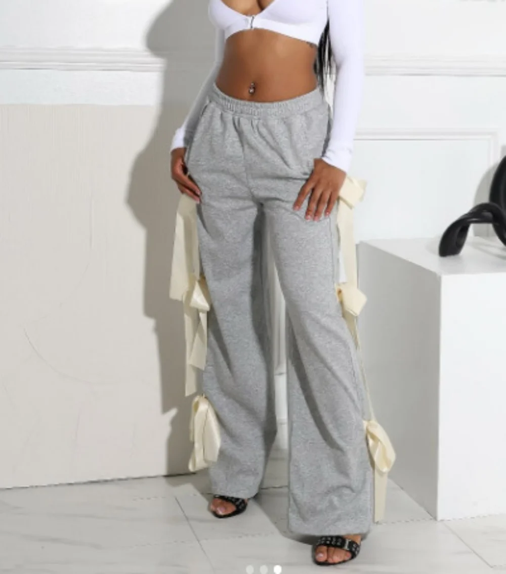 Women Trouser Spring Summer Fashion Solid Color Binding Bows Wide Leg Pants Lady Casual Loose High Waist Sports Straight Trouser