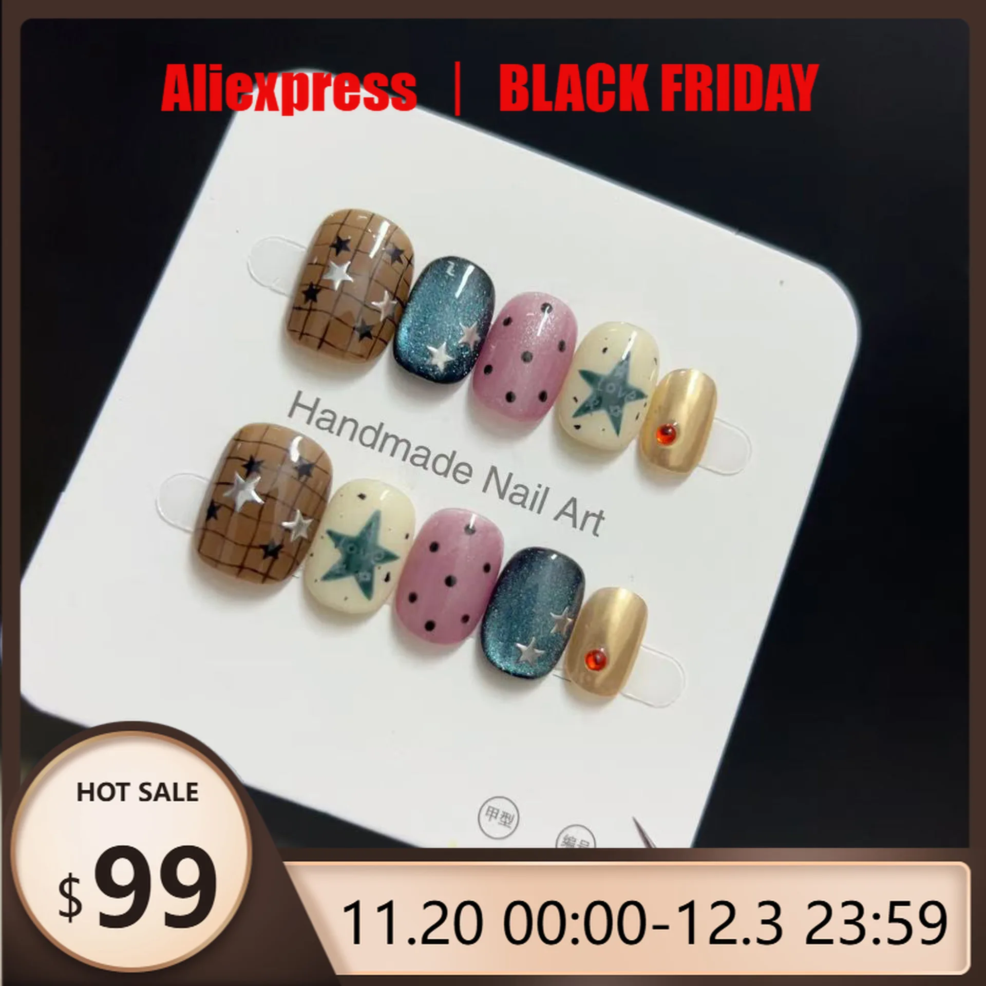 

10Pcs Retro Style Star Wave Dot Grid Pattern Handmade Nails Press on Nail Green Cat Eye Pentagram Tip with Female Exquisite Wear